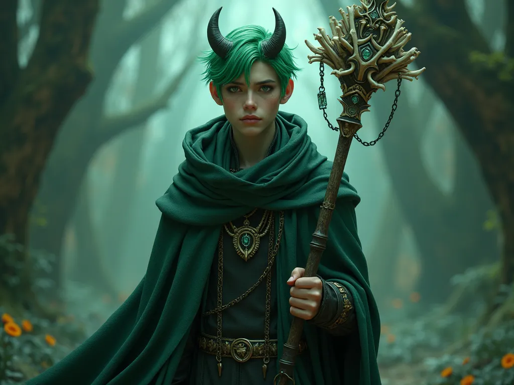 A half-abysmal 3dt character and necromancer with green hair and eyes in his 20s, an adult male and long hair with demonic features in his appearance and a staff of bones. 