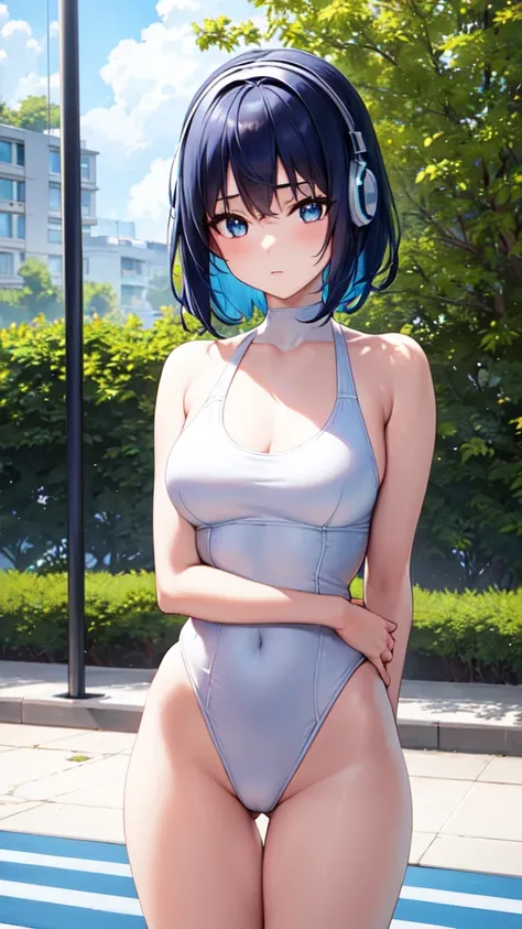 1_GIRL, SOLO, (best quality,highres,ultra-detailed,realistic:1.2), anime girl , short blue hair, headphones,  a modern beach or pool deck, wearing a chic monochrome swimsuit. The swimsuit could be a sophisticated white one-piece bikini with contrasting bla...