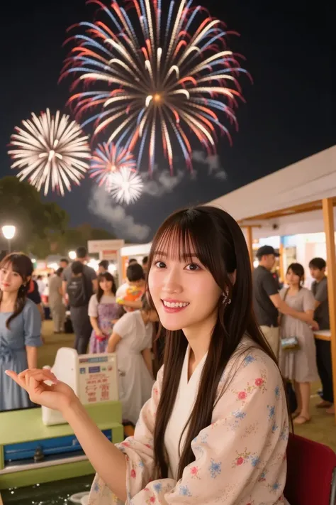 「The focus is on 、a scene where a Japanese woman wearing a yukata enjoys scooping goldfish and shooting。fireworks are launched in the night sky and、Lanterns are lit all around。」


