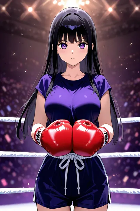 A beautiful anime girl with long black hair and purple eyes boxing