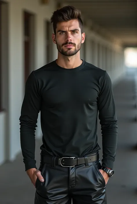  Realistic close-up photo , biker, sports, in which you can see the face , wearing a long sleeve t-shirt, 18 years old, leather pants, stands with his arms in pockets, looking at camera, cref https://www.seaart.AI/explore/detAIl/csorbcte878c73bd2g30 --cw 1...