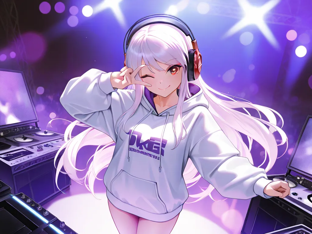 detailed, masterpiece, hd, 1girl, ager, white long hair, red eyes, grey pupils, DJ, headphones, very long oversized hoodie, no bottom, concert, dynamic lighting, kujou karen pose, stage lights, atmospheric perspective, indoor scenery, cowboy shot, white ho...