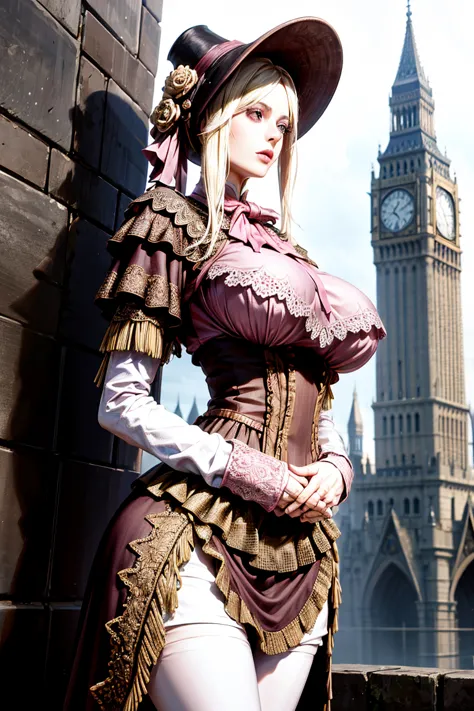 1 girl, beautiful,  pink eyes, blond hair, big breasts cup G (huge breasts 1.5),  short dress,  wide hips,  slim waist, gloomy environment, bloodborne, Victorian style buildings, fog