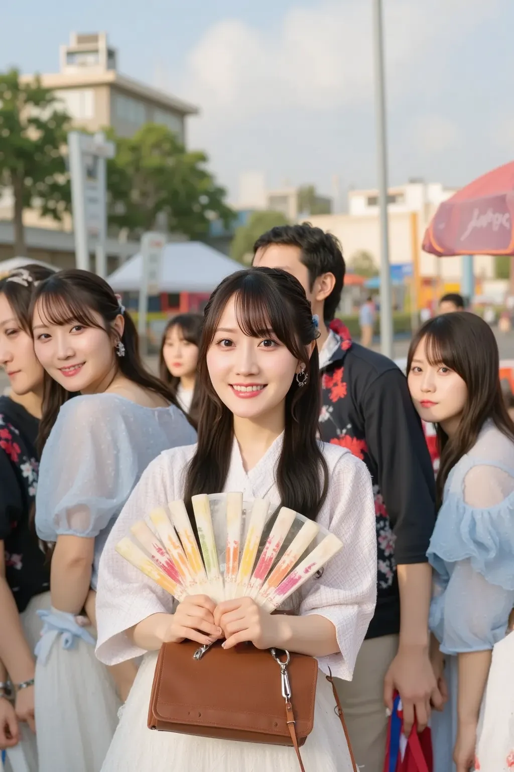 「A scene where a Japanese woman wearing a yukata is carrying a fan in a cool way、A scene where they enjoy the summer festival while eating shaved ice or yakisoba at a food stall。The surrounding area is lined with food stalls and shops, and they enjoy the s...