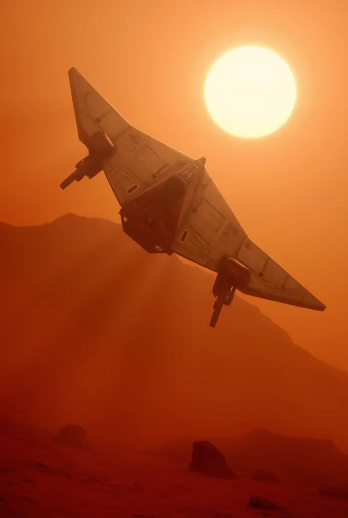 Viewed from below,Space 1999 eagle, viewed from front, flying over red dusty planet, sun, disry, hazy 