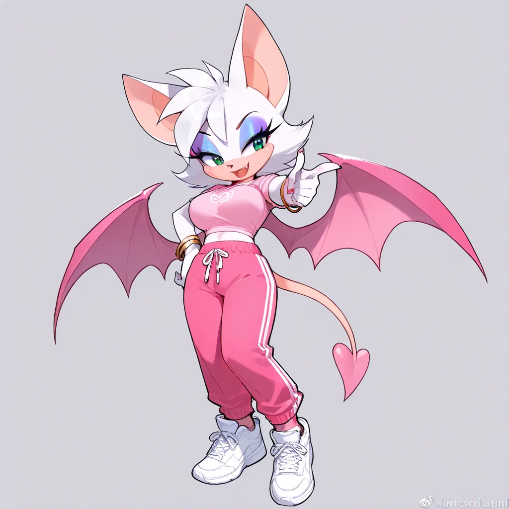 a cartoon women dressed in a pink outfit pointing their finger at something, 1girl, solo, furry, wings, bat wings, pants, breasts, furry female, white footwear, bat ears, pink pants, animal ears, sweatpants, makeup, fang, eyeshadow, white hair, tail, large...