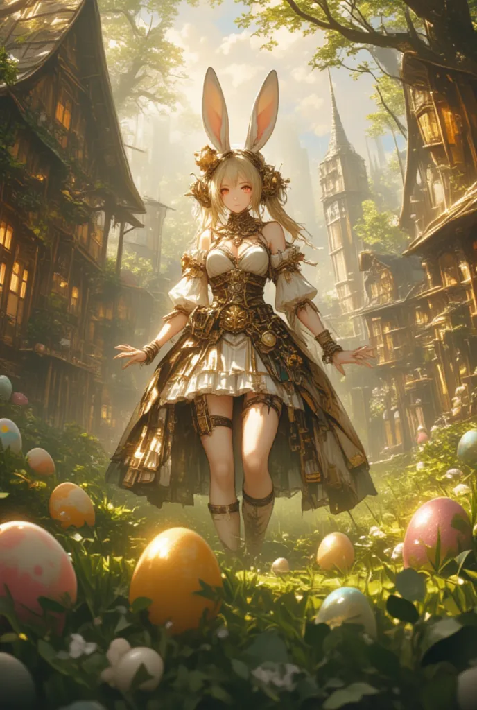  Steampunk Victorian princess bunny . The Magic Village , Easter, Easterльные яйца на траве . lights, trees.   ultra high resolution  ,   Rococo art with fantastic elements and intricate details. Cute,    wallpapers charming facial expression   ,    A fasc...