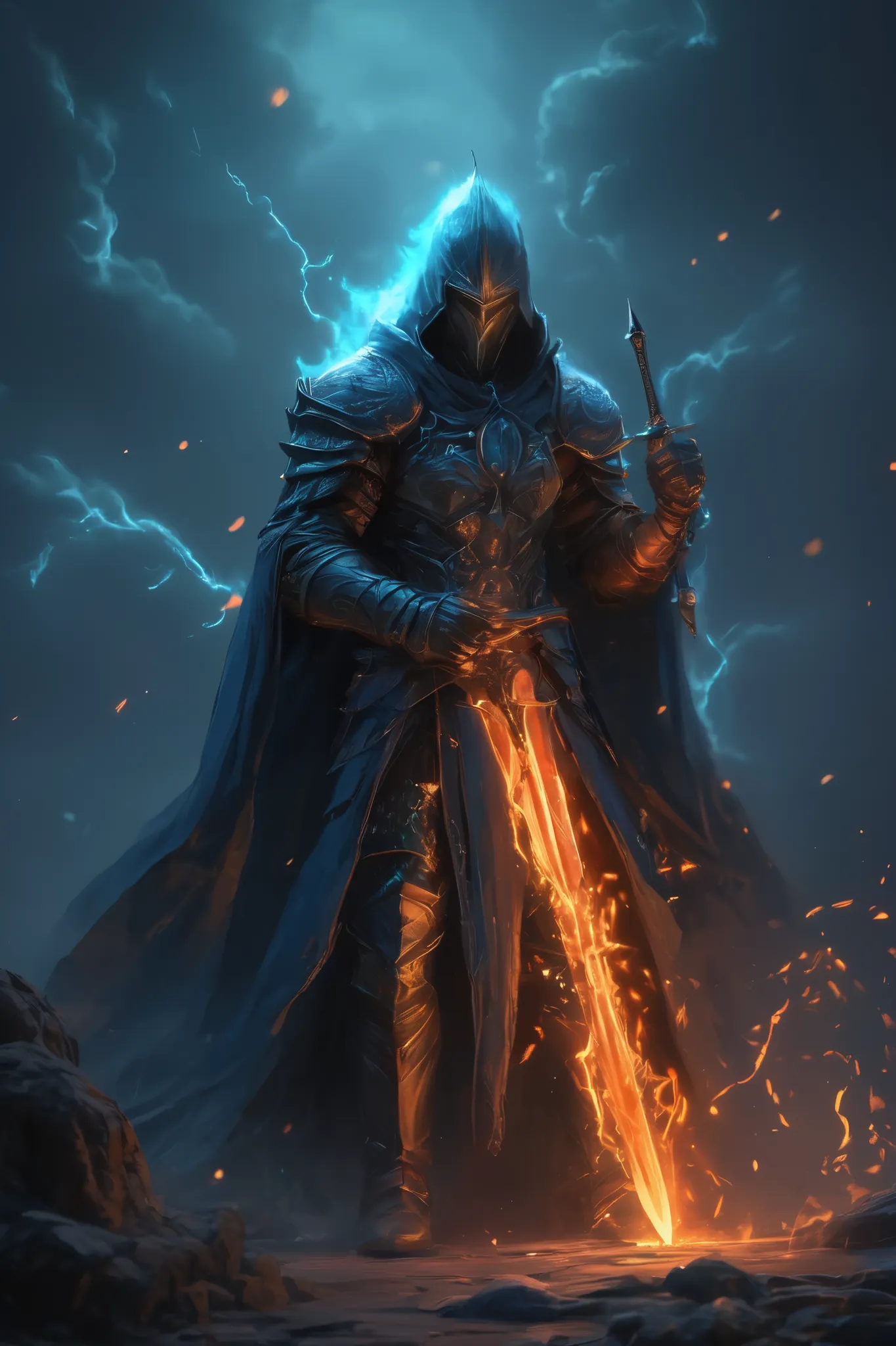 (sitting), A fantasy warrior holds an enchanted sword with both hands, the sword radiates an ethereal blue and orange glow. He wears intricate armor and a gray hood that covers his face, determination as the flamboyant blade of light pierces the smoke that...