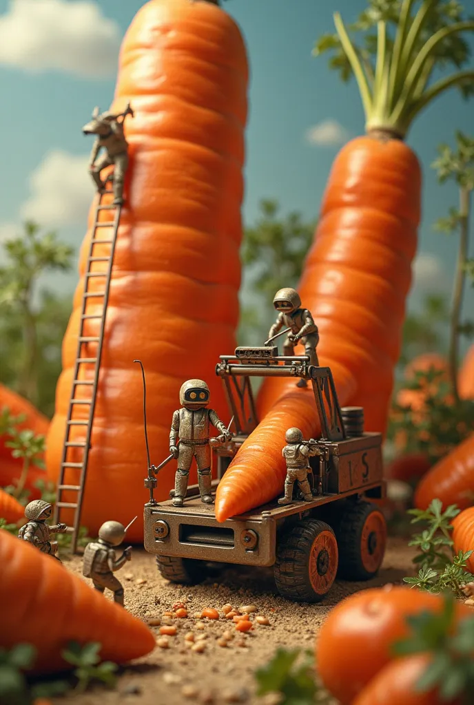 miniature people slicing giant carrots. with machines with a crane with a ladder