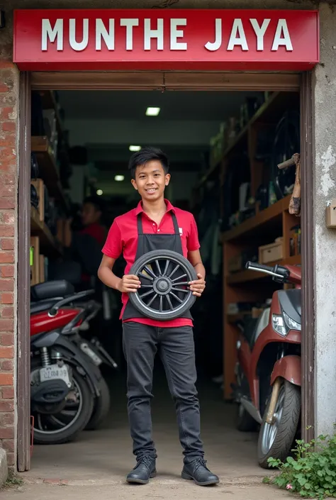 Make me stand in front of the store, while serving , , there are many consumers buying motor parts sold in the store , the store is named "MUNTHE JAYA" , smiling at the camera, My boy is about 23 years old, karo tribe, original Medan Sumut Indonesia ,  mat...