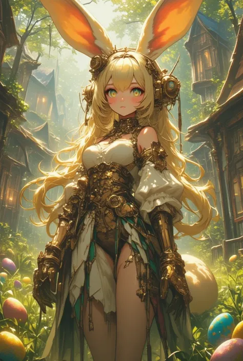  Steampunk Victorian princess bunny . The Magic Village , Easter, Easterльные яйца на траве . lights, trees.   ultra high resolution  ,   Rococo art with fantastic elements and intricate details. Cute,    wallpapers charming facial expression   ,    A fasc...