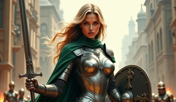 photorealisic image of a stunning blonde lady paladin holding sword and shield covering her body, she is in metal war armor, green cape, defense stance,  though and strength expression, serious wrath face, intricate detailed