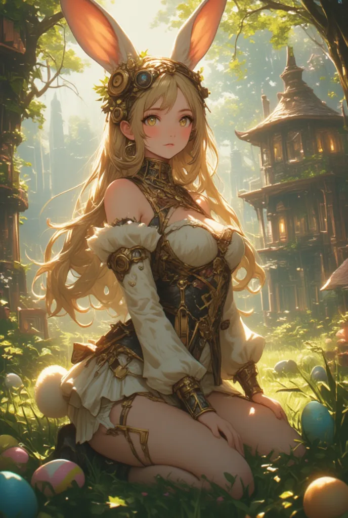  Steampunk Victorian princess bunny . The Magic Village , Easter, Easterльные яйца на траве . lights, trees.   ultra high resolution  ,   Rococo art with fantastic elements and intricate details. Cute,    wallpapers charming facial expression   ,    A fasc...