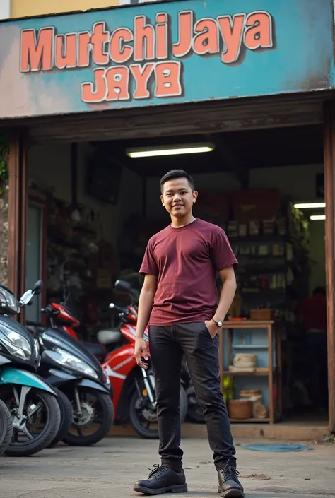 Make me stand in front of the store, while serving , , there are many consumers buying motor parts sold in the store , the store is named "MUNTHE JAYA" , smiling at the camera, My boy is about 23 years old, karo tribe, original Medan Sumut Indonesia ,  mat...