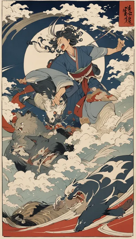 an ukiyo-e depiction of a god dog fighting against a god cat. both animals have japanese motif of curly cloud swirling on their body.