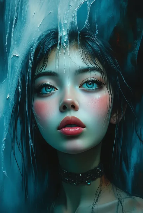 mesmerizing digital illustration inspired by Loish, depicting a closep of a woman´s face beneath a waterfall, water flowing down her face and hair, cool and soothing color palette, her expression peaceful, illuminated by soft ambient light, a dreamlike and...