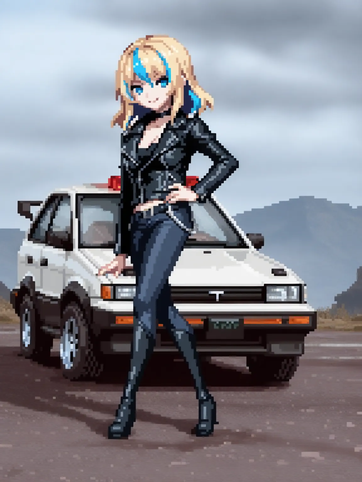 cool beauty, solo femmes, smile, light skin, (multicolored hair, lightblonde_hair, blue hair), glamour, leather jacket, BREAK ,(1 TOYOTA SPRINTER TRUENO car)