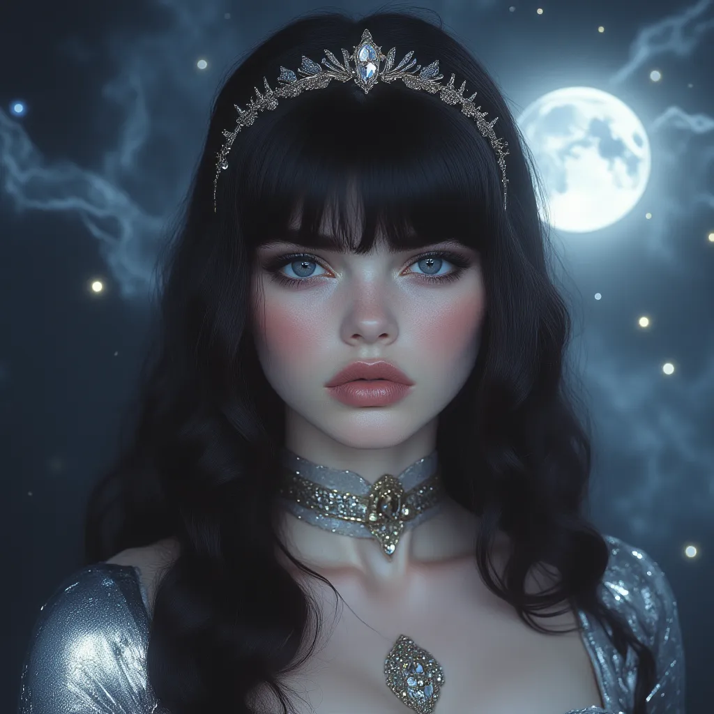 4k realistic photo,    SELFIE beautiful 20-year-old Russian woman  ,   long black hair with bangs  ,  blue eyes,    porcelain skin ,  shiny skin, soft lips .   She has a shiny SILVER magic dress, jewelry and a CROWN OF DIAMONDS and the moonlight illuminate...