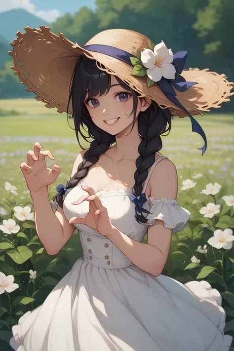 smile、Flower Field、Lower the braids from your shoulders、girl wearing a big straw hat、white dress、 shake hands、 Japanese、 black hair