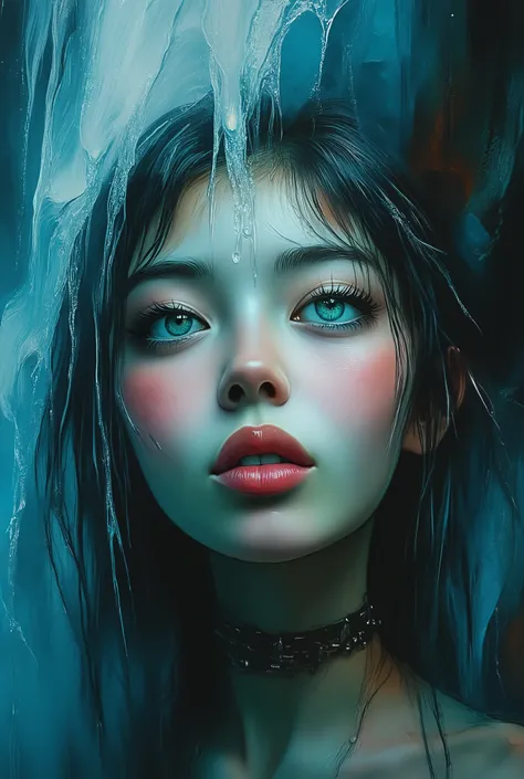 mesmerizing digital illustration inspired by Loish, depicting a closep of a woman´s face beneath a waterfall, water flowing down her face and hair, cool and soothing color palette, her expression peaceful, illuminated by soft ambient light, a dreamlike and...