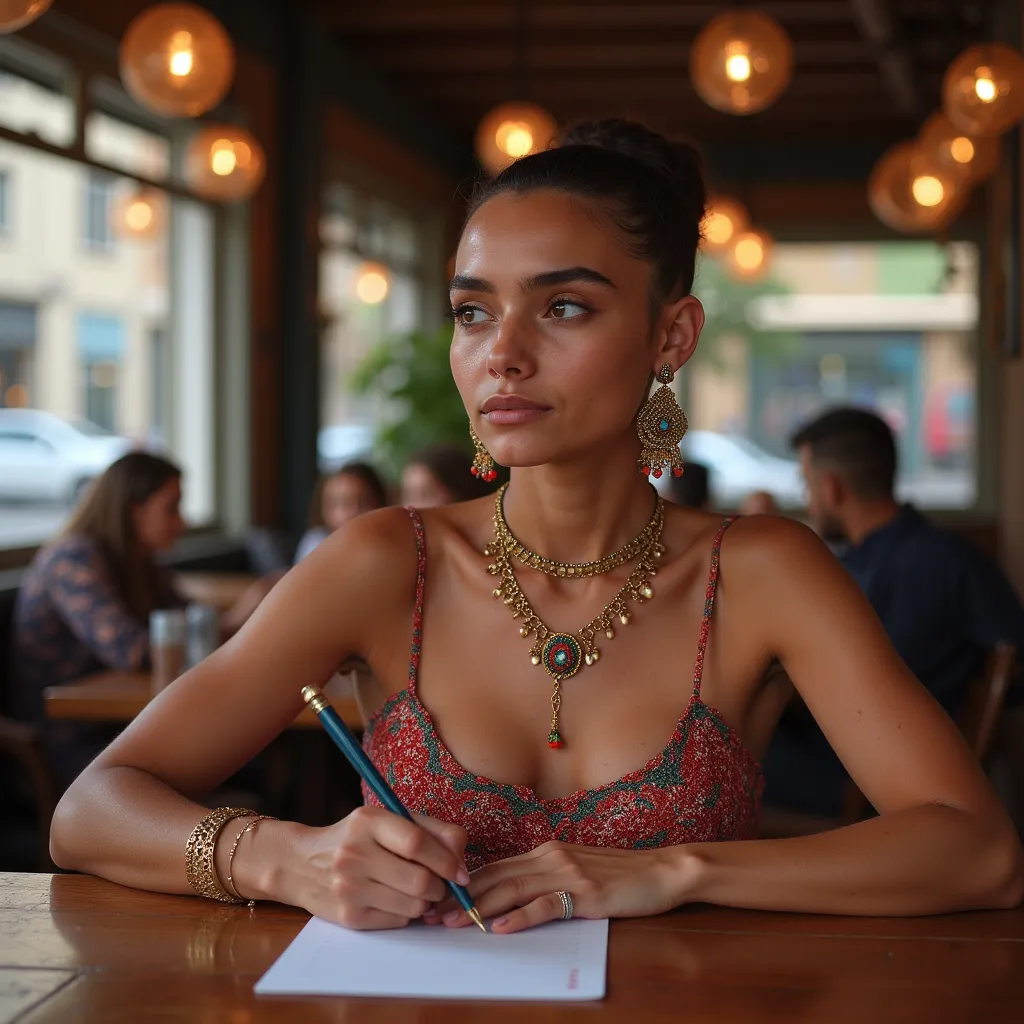 A realistic photograph of a young Moroccan woman sitting at a table writing a postcard in a coffee shop in Copenhagen , coarse-pored skin , Crunchy wide nose,  dark eyes,  She looks into the distance , Hair sheared to 8 mm short,  wide eyebrows  ,  no exce...