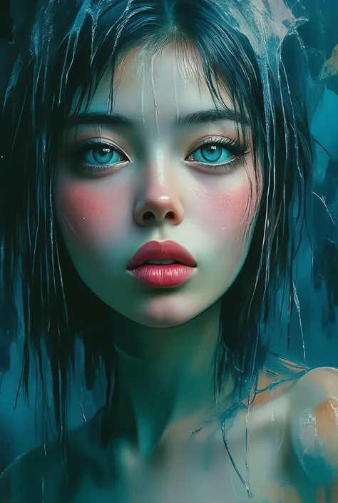 mesmerizing digital illustration inspired by Loish, depicting a closep of a woman´s face beneath a waterfall, water flowing down her face and hair, cool and soothing color palette, her expression peaceful, illuminated by soft ambient light, a dreamlike and...