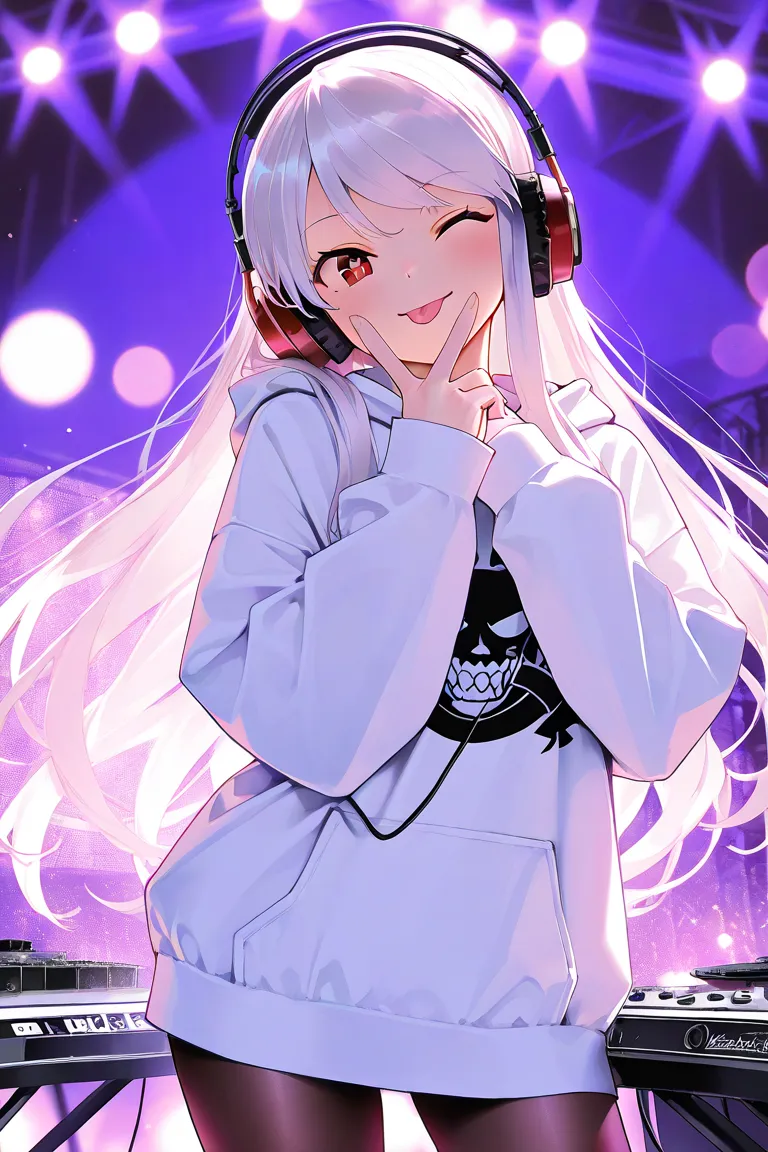 detailed, masterpiece, hd, 1girl, teenager, white long hair, red eyes, grey pupils, DJ, headphones, very long oversized hoodie, no bottom, concert, dynamic lighting, kujou karen pose, stage lights, indoor scenery, cowboy shot, white hoodie, bokeh, overexpo...