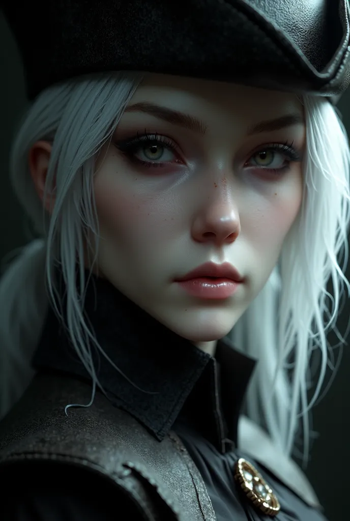 ultra realistic close up of Lady Maria, wearing her dark outfit, her white hair showing under her hat  