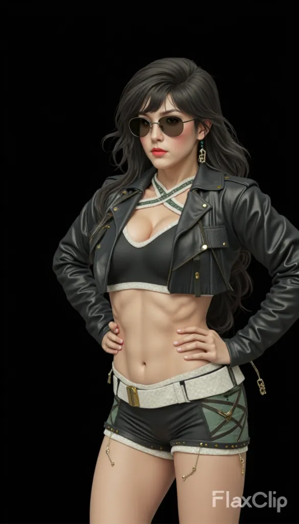 Wrestler in black clothes, black lenses and black hair,  her white skin 