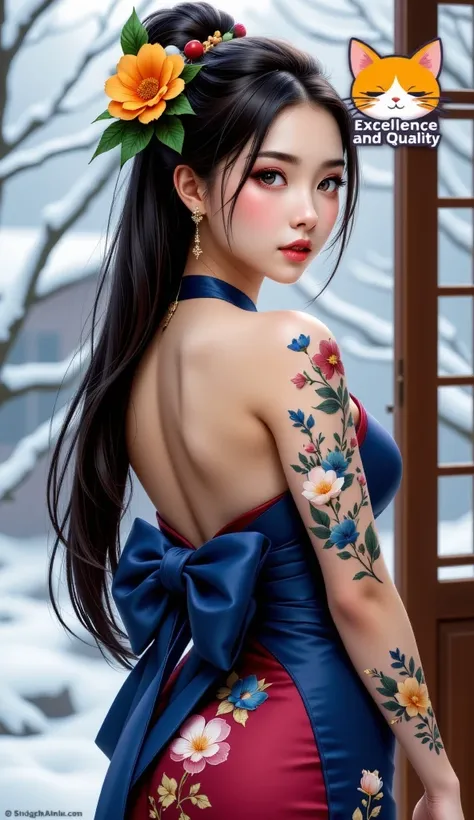 This is a highly detailed CGI artwork featuring a young Asian woman with fair skin, styled in an elegant, traditional East Asian manner. She has long, black hair elegantly styled into an updo adorned with vibrant orange and white flowers, adding a pop of c...