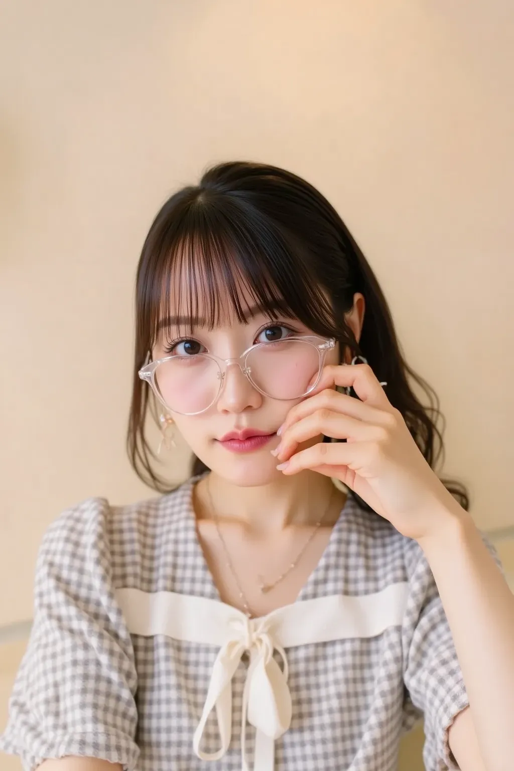 "Close-up portrait of a Japanese woman wearing glasses. The woman has medium-length black hair, with a soft and natural expression. Her glasses are stylish and simple, complementing her facial features. The background is soft and blurred to emphasize her f...