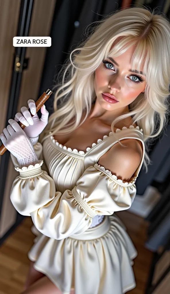 Girl ZARA ROSE
Full height stands facing the camera 
White long hair 
Slovenian girl 
Realistic girl 

 ,  height 168  , weight 48  ,   skinny girl , big breasts
Girl dressed in;
Very fluffy sexy maid dress with lace
Lace gloves hold a whip in his hands
Hi...