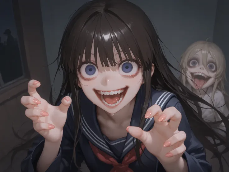 creepy woman manikin, horror movie inspired, torn wearing college japanese uniform, bloody clothe, doll body exposed, indoor creepy school, indoor rusty school, running meneacing, crazy eyes, expressive eyes, long nails, shiny