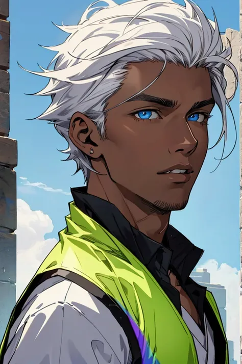 ((Masterpiece)) ((vest quality)) male focus, solo, portrait, 1 mature male, 30 years old, fantasy, (muscular 2.0), (dark skin 1.0), white short hair, quiff white hair, detailed blue eyes, (pride), no background, 8k