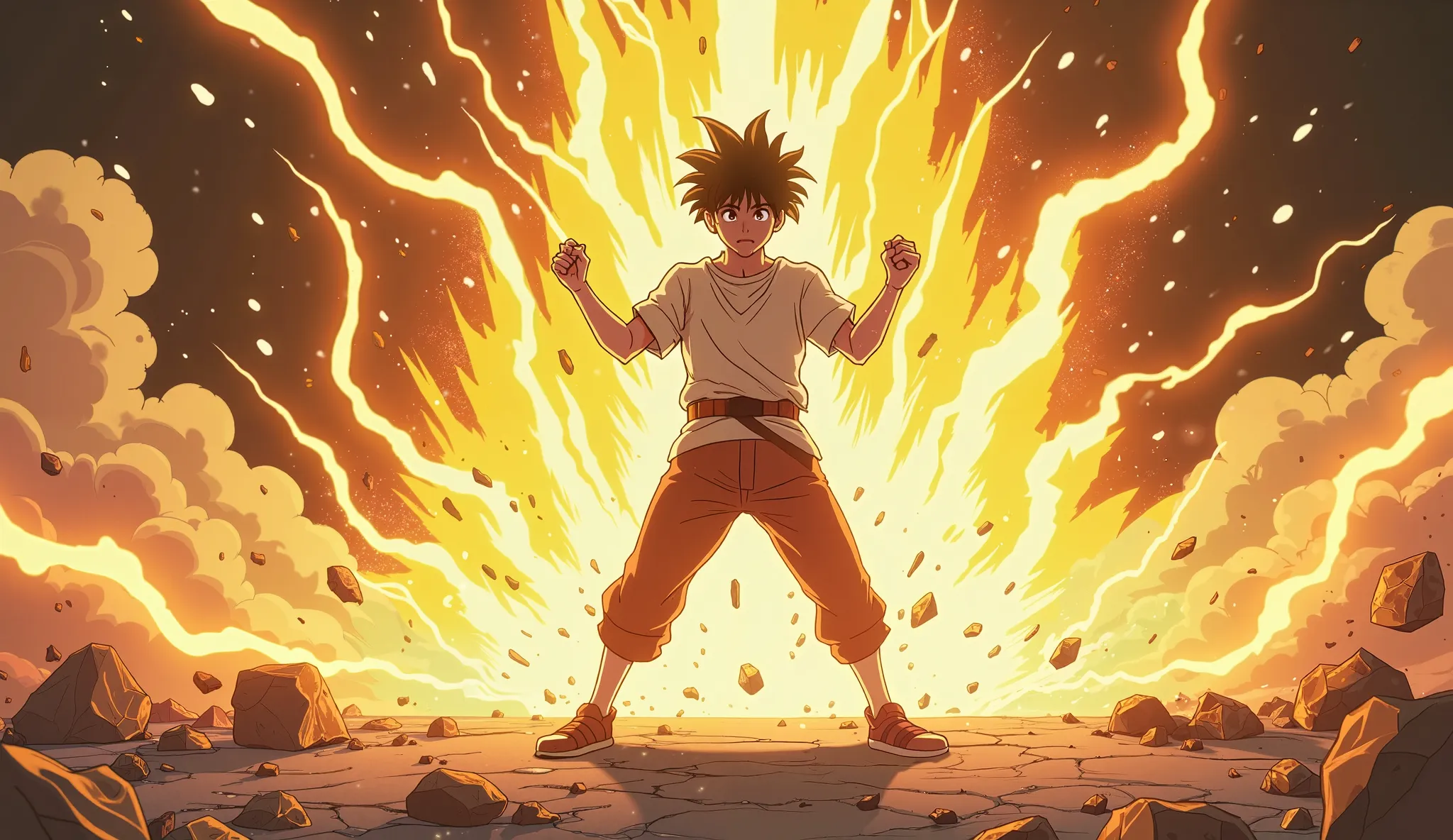 The scene shifts into a high-energy anime-style sequence. The young man clenches his fists as golden lightning crackles around him. The air distorts with heatwaves, and the floor beneath him begins to crack. His breathing intensifies, and a powerful wind e...