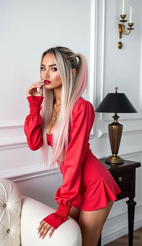 ,   for an 18-year-old model with a beautiful slim skinny athletic body with big breasts, 
 platinum white hair with pink tips, high ponytail floor-length hair,  skinny long legs,  big firm breasts, the hair is very long  ( Very long athletic legs :1.7), w...