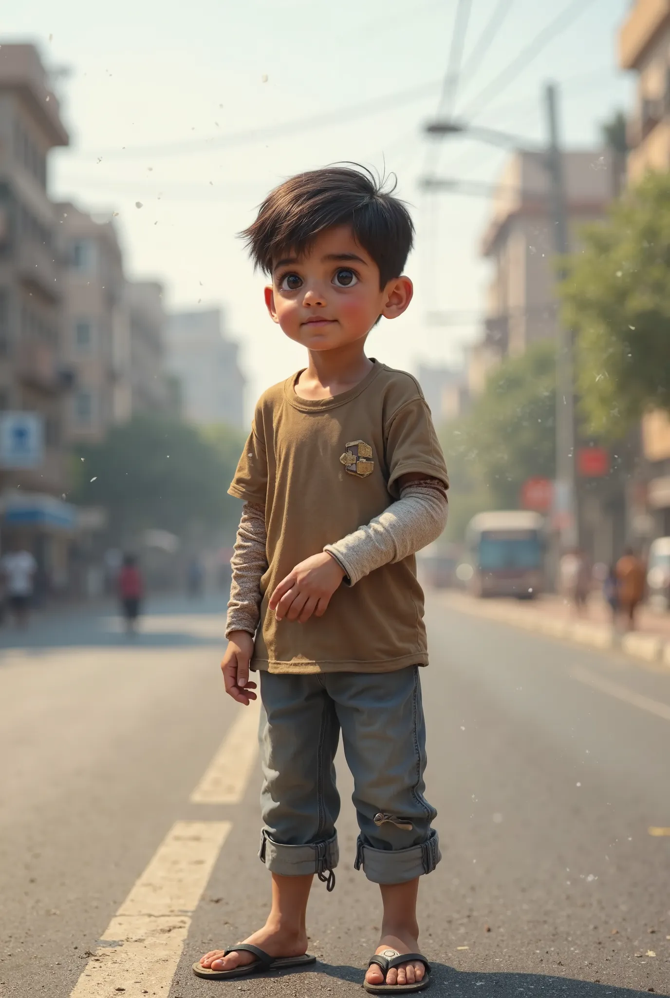 A boy with fracture arm standing on road of pindi