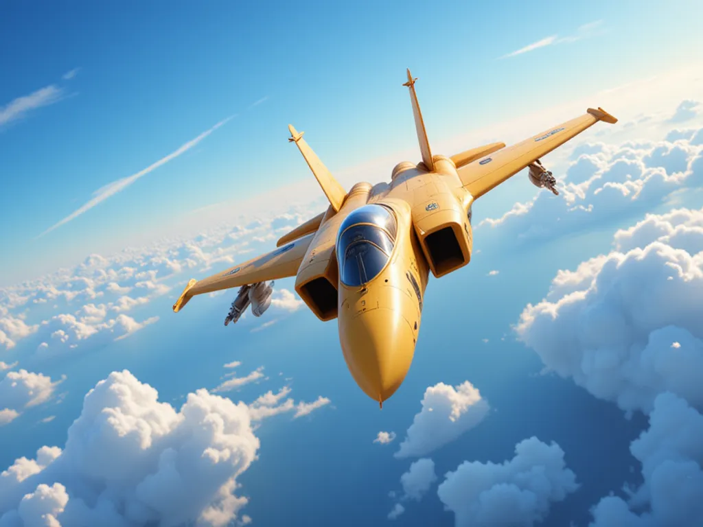 A yellow f14 tomcat in the blue sky with some clouds, view from the top front, realistic, masterpiece 