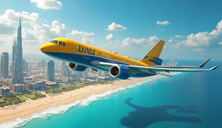 A large Playmobil passenger jet flies low across Dubai beach 