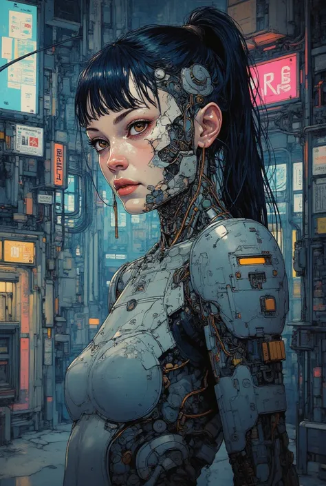 realistic cyberpunk cyborg woman, cyberpunk outfit, beautiful detailed eyes, beautiful detailed lips, extremely detailed face, long ponytail, bangs, hyper detailed, 8k, intricate details, photorealistic, cinematic lighting, vivid colors, chiaroscuro, drama...