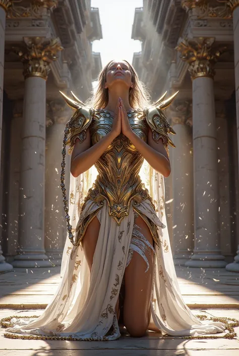  Saint Seiya; Amazona of the Virgo sign; Wearing the armor of Virgo; wearing a rosary on your hands; praying; Greek temple of the Virgo sign