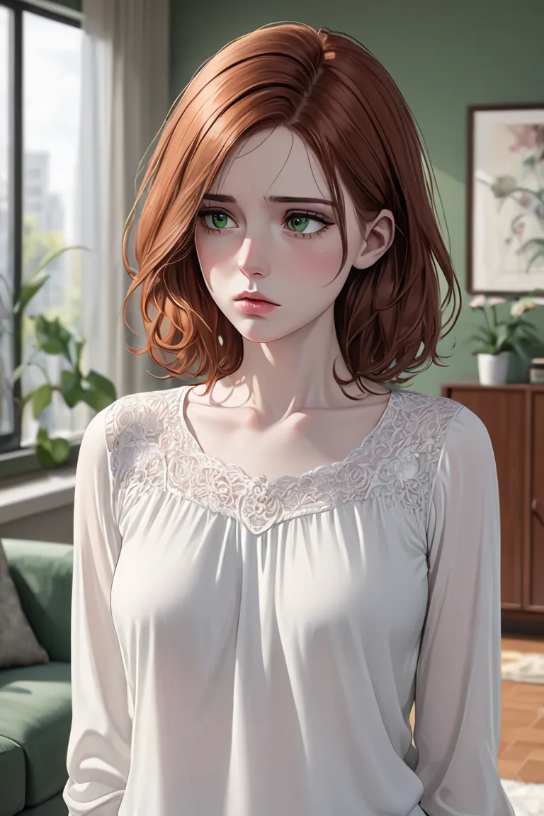 (masterpiece, best quality, 8k, high definition), whole body, woman, neck-length auburn hair, mid-chest, soft green eyes, soft lips, pale skin, beautiful face, wearing white blouse, natural light, detailed background, Detailed Illustration Art, standing in...