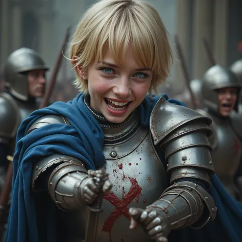 High resolution, masterpiece, photorealistic, a full armored 17-year-old female knight with blue eyes, blonde short hair, indomitable look wearing shiny medieval armour with blue cape and brandishing a sword, smiling with significantly malicious and ruthle...