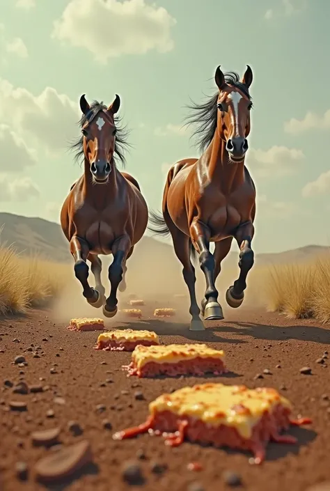 A field with landmines laying around made out of lasagna. Two wild horses running towards them, about to be blown up. The landmines are about to explode The lasagna landmines needs to look dangerous 