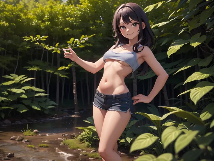 high quality 3d image close up,smiling, looking at the camera ,masterpiece,high detail,shorts,,in a forest, belly out ,standing,