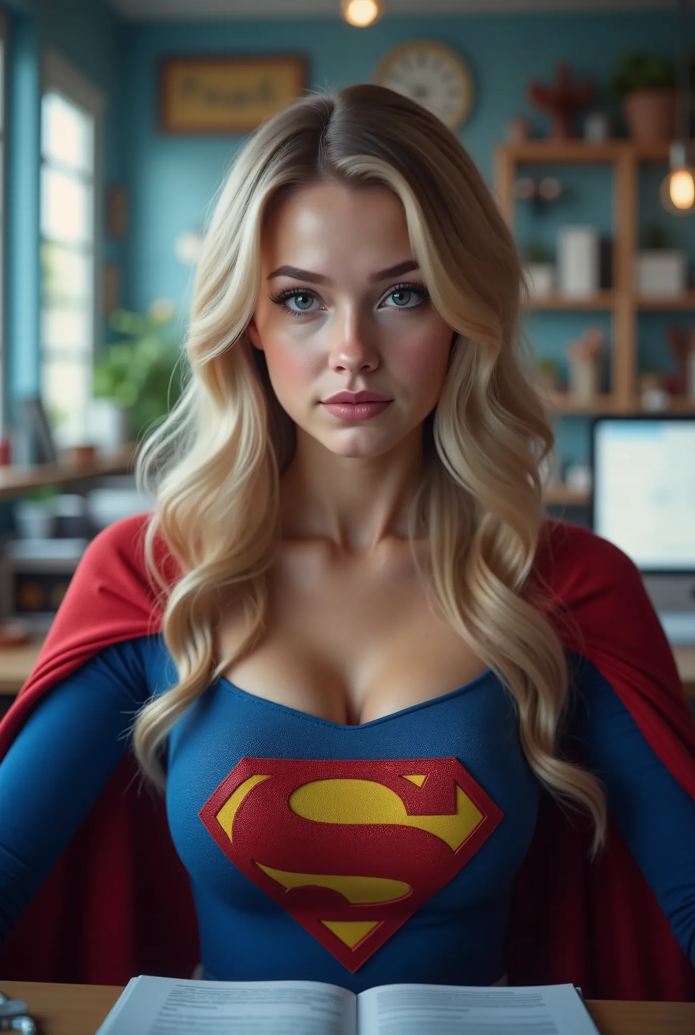 (long shot:1.3), (full body:1.3),(1girl),(extremely young), (elemtary school age),intensely erotic image, male gaze, male sex fantasy, (THE STORY OF SUPERGIRL) a brilliant but socially awkward young BLONDE NERD who, while working late in herhigh tech labor...