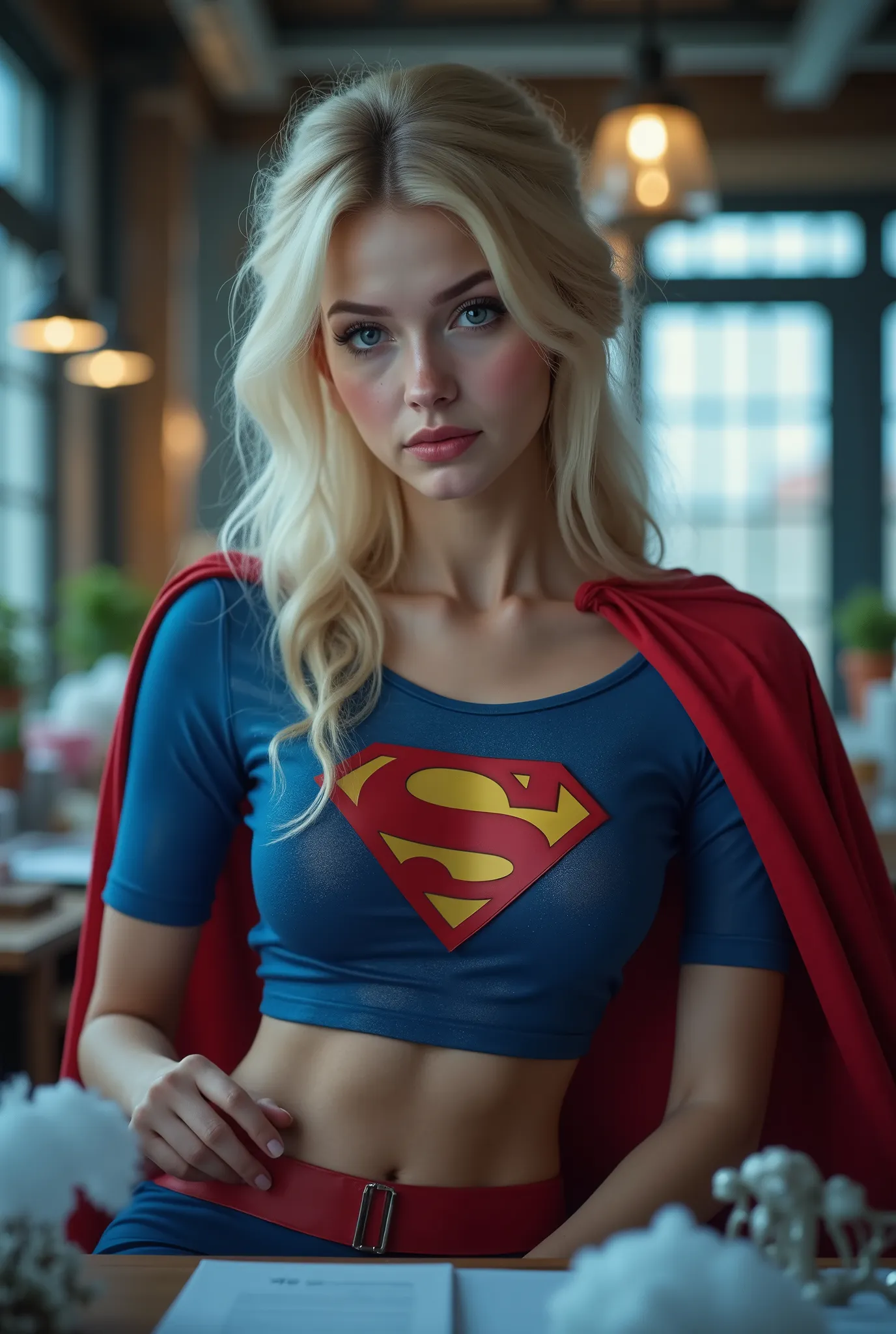 (long shot:1.3), (full body:1.3),(1girl),(extremely young), (elemtary school age),intensely erotic image, male gaze, male sex fantasy, (THE STORY OF SUPERGIRL) a brilliant but socially awkward young BLONDE NERD who, while working late in herhigh tech labor...