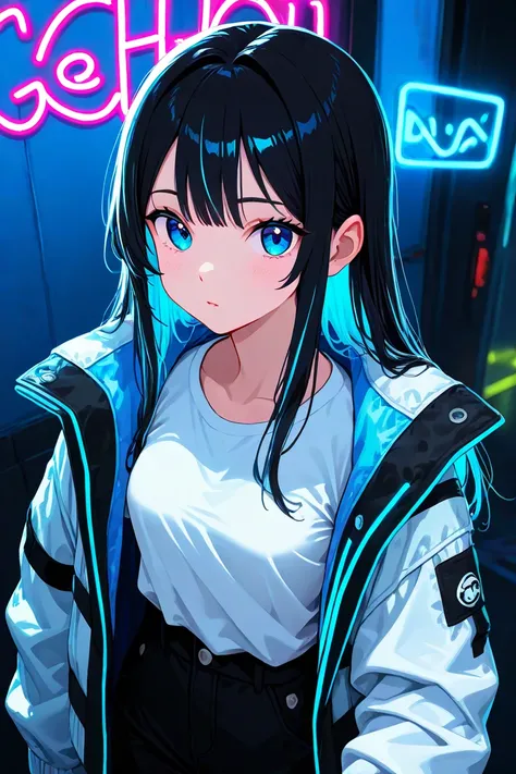 1 girl, 16years, black hair with neon light blue streaks, blue eyes, white unzupped jacket with neon inserts and black inserts, white t-shirt, no tits