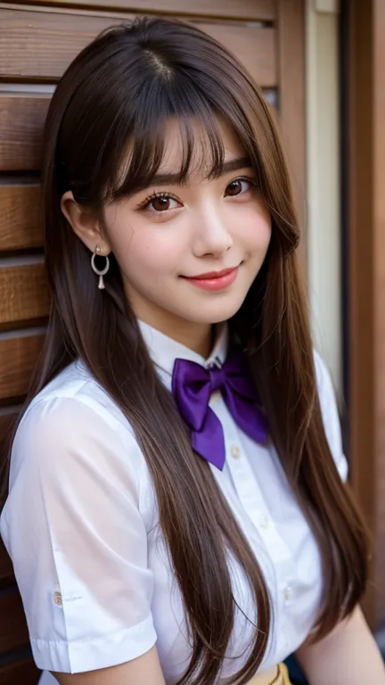 Beautiful girl looking at the viewer ,Sitting in front of the house,, wearing a purple top, a bow tie, a high-waisted denim skirt,, clear white skin, soft cheeks, Smiling charmingly, seeing ,Sharp face,  brown eyes , earring, Long straight hair, brown hair...