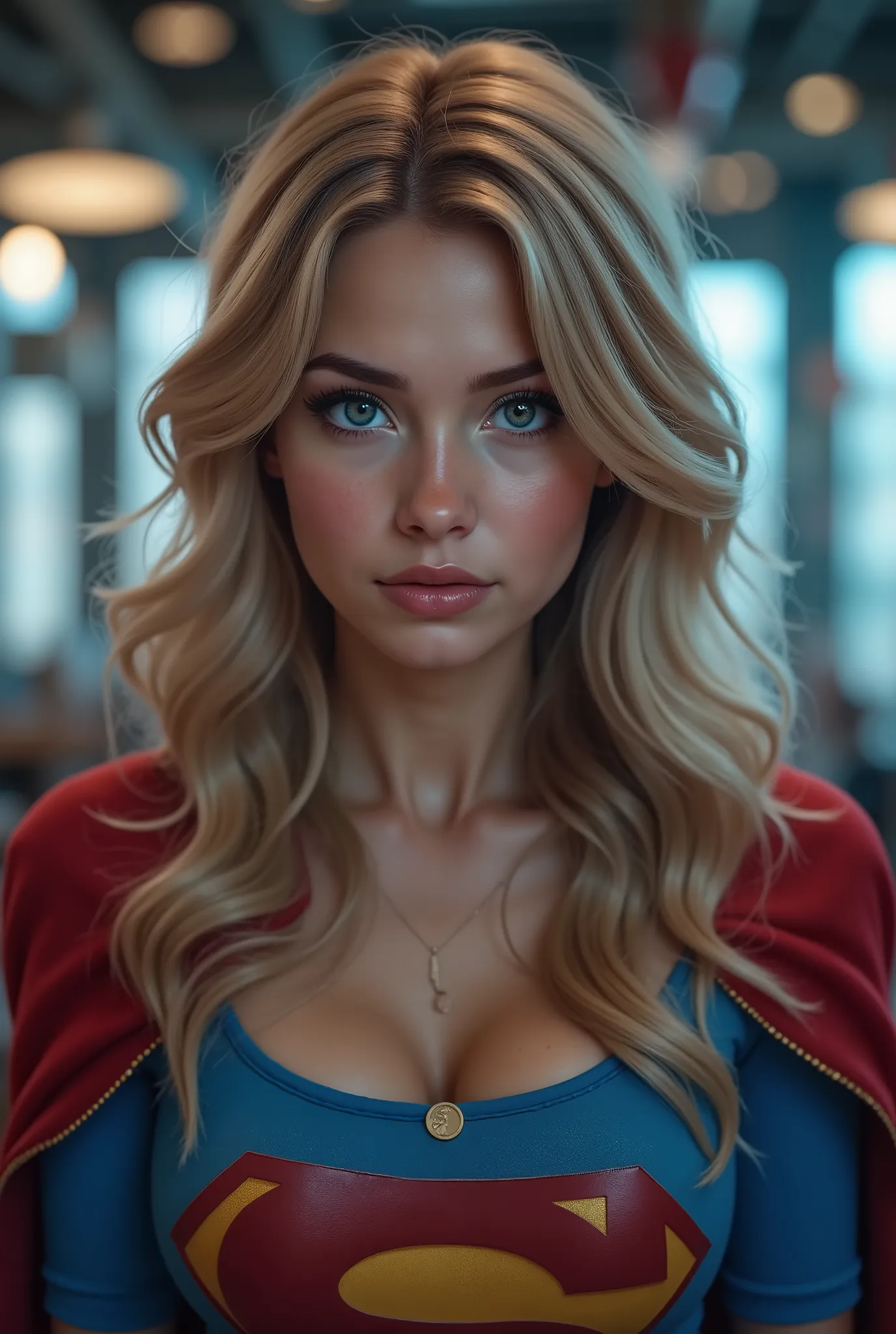 (long shot:1.3), (full body:1.3),(1girl),(extremely young), (elemtary school age),intensely erotic image, male gaze, male sex fantasy, (THE STORY OF SUPERGIRL) a brilliant but socially awkward young BLONDE NERD who, while working late in herhigh tech labor...